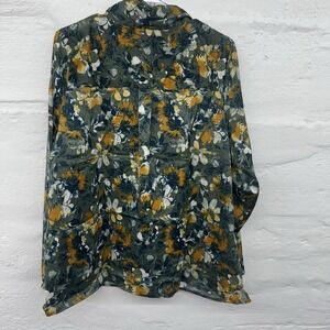 D&Co Denim & Co Size L Shirt Blouse Floral Long Sleeve TieGreen Blue Gold  Flowy